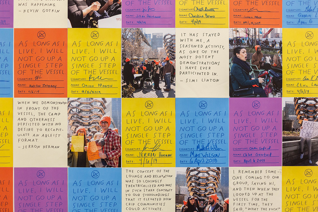 Images of participants and their pledges outside the Vessel, mixed with images of signed pledges.